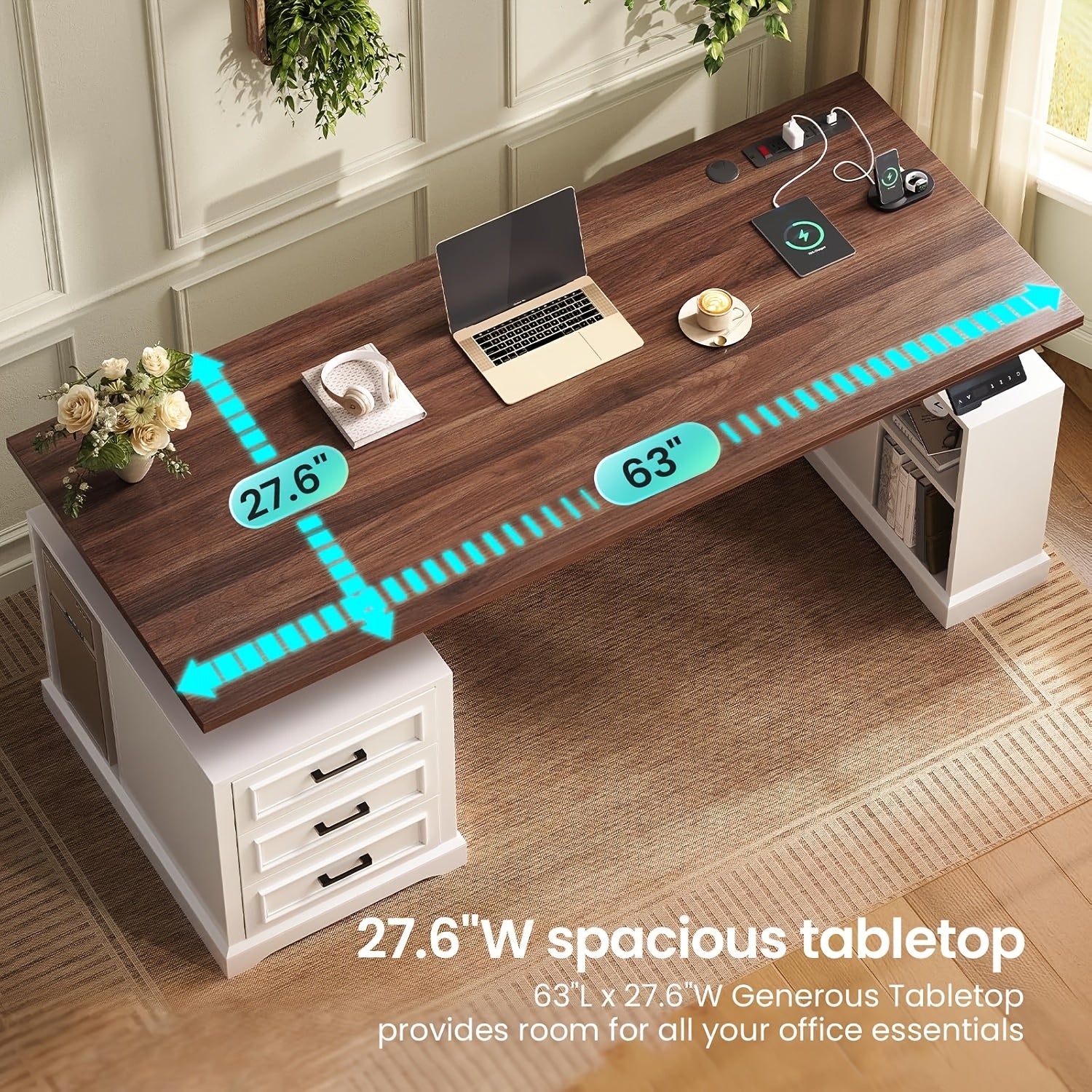 Standing Executive Desk with Storage, Large 1pc Electric Height Adjustable Stand Up Desk with Charging Station, File Cabinet Storage, Home and Office, White