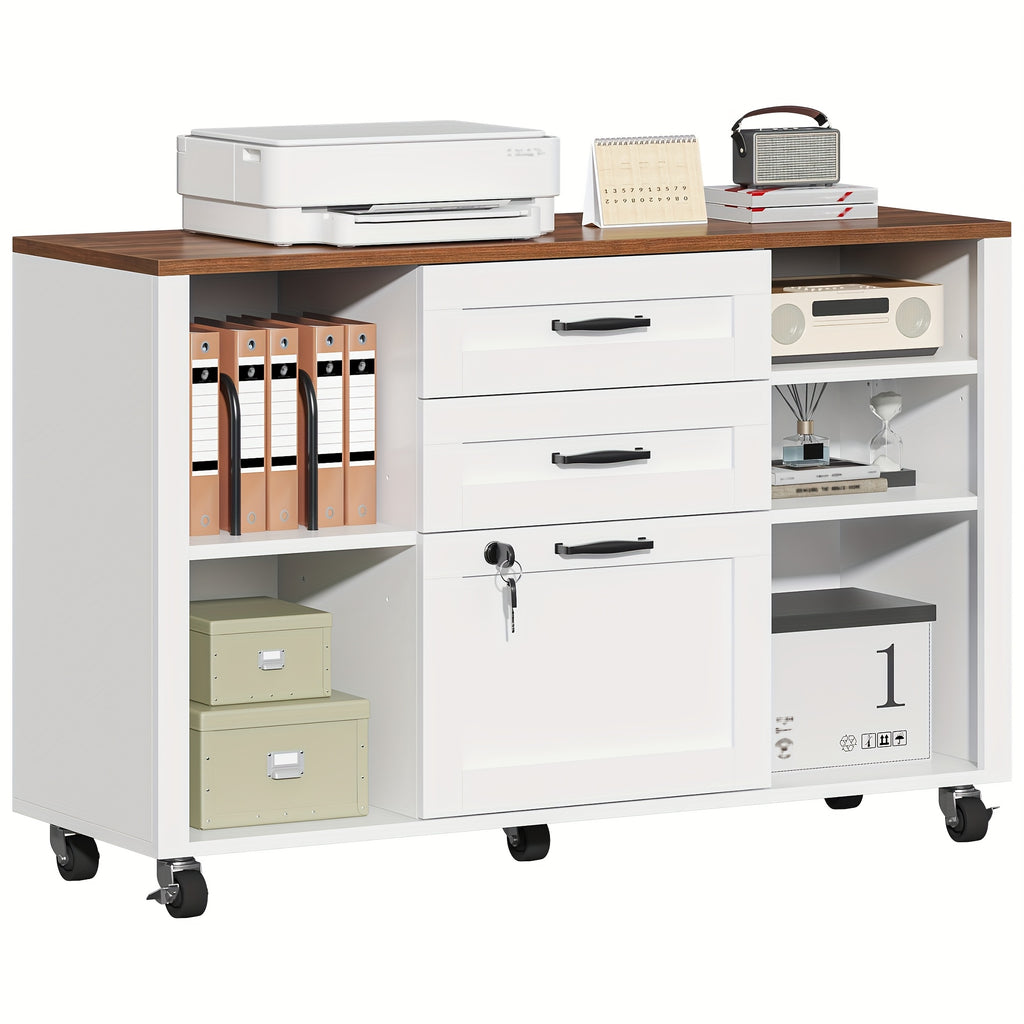3 Drawer Wood Lateral File Cabinet with Lock, Rolling Mobile Filing Cabinet with Open Storage Shelves, Printer Stand Office Storage Cabinet for Home Office Fits Files Legal\u002FA4 Size