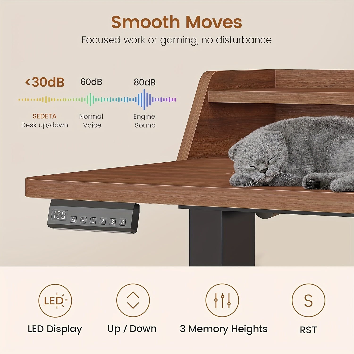 Height Adjustable Standing Desk with (No Wood) - 55” Modern Farmhouse Home Office Computer Desk, Built-in Power Outlets (4-Port Station &), LED & Monitor\u002FLaptop Shelf, White\u002FBrown, Memory Presets,