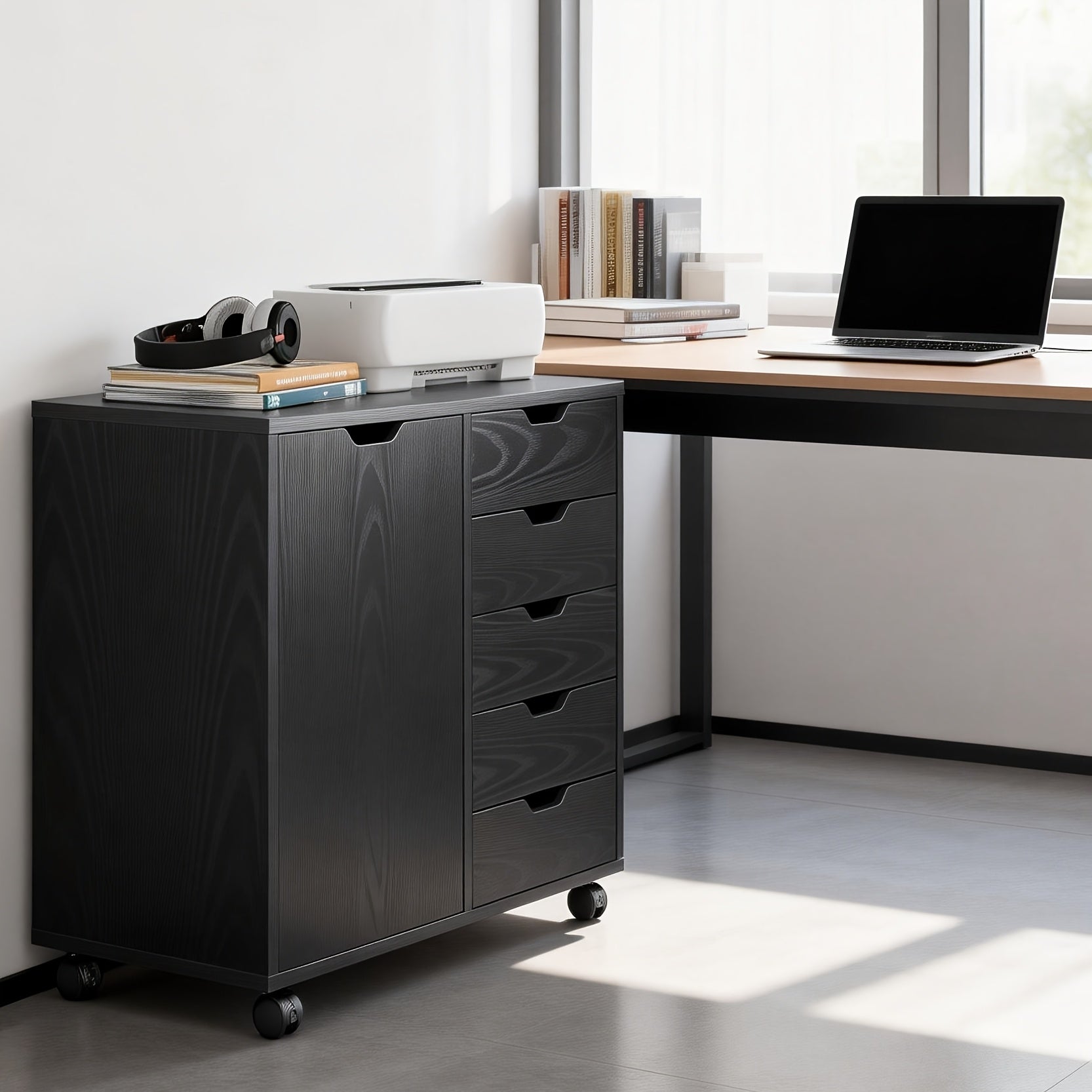 5-Drawer Wood File Cabinet with Wheels | Mobile Printer Stand with Adjustable Shelf & Storage Organizer for Home Office, Contemporary Style, Hardwood Material, OLIXIS Brand