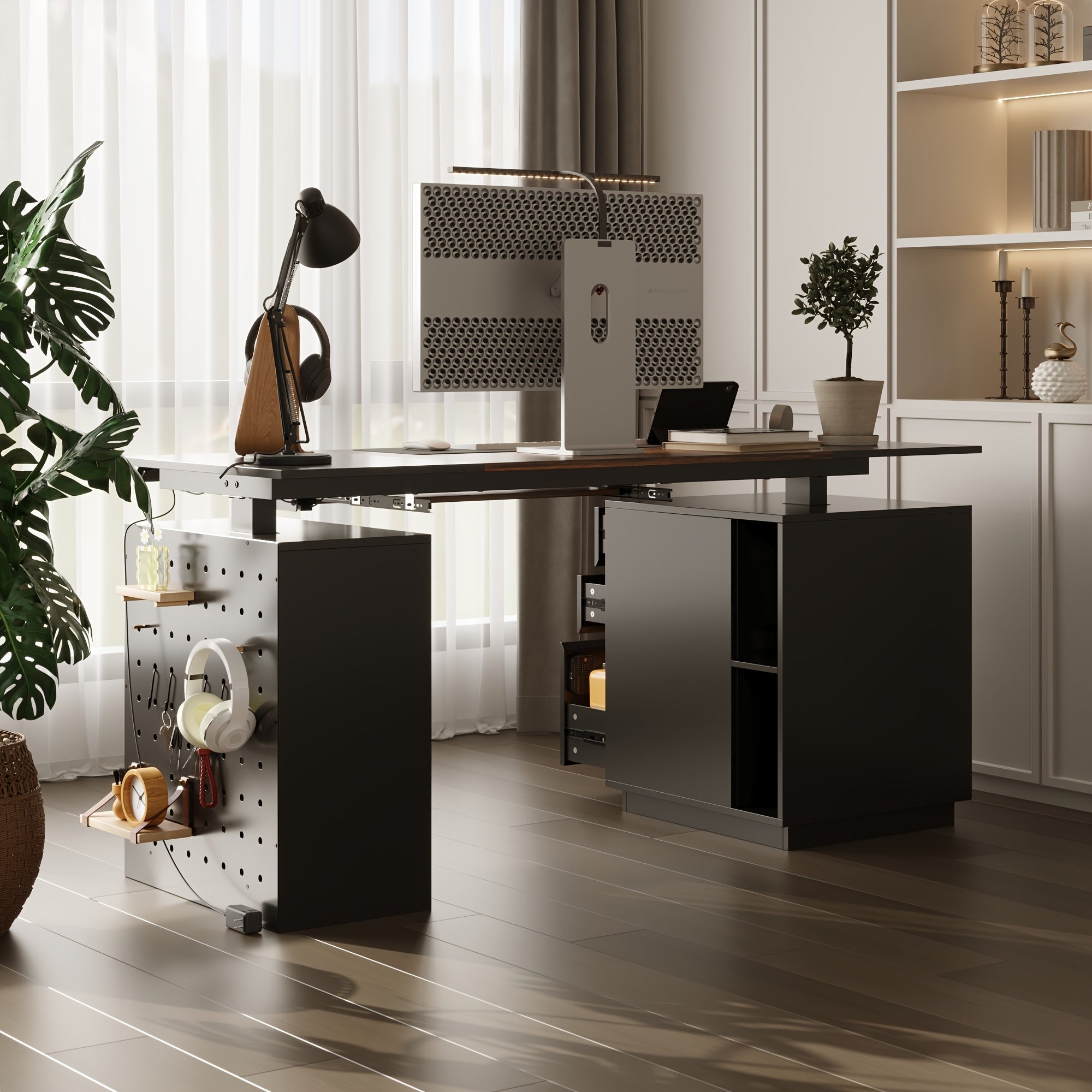 63-Inch Wide Electric Lift Desk Featuring Three Drawers And Open Shelving, Height Adjustable, Contemporary Office Desk with a Large Tabletop, Suitable for Computers And Executive Corner Use, Stylish Black Design