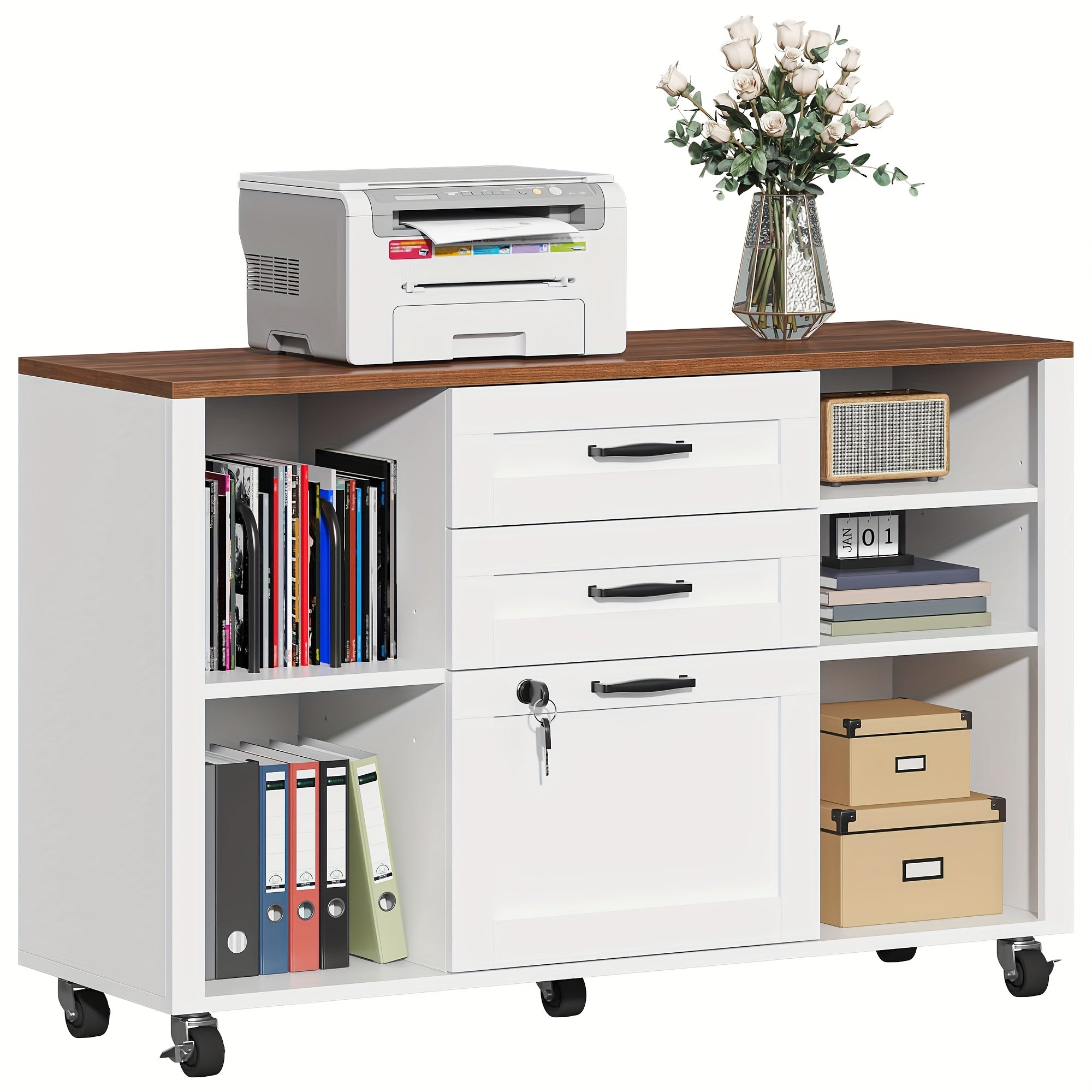 Mobile Filing Cabinet on Wheels Featuring Open Storage Shelves, a Wooden Lateral File Cabinet with Three Drawers And a Lock, And a Printer Stand Designed for Home Office Use, Accommodating Legal And A4 Size Files