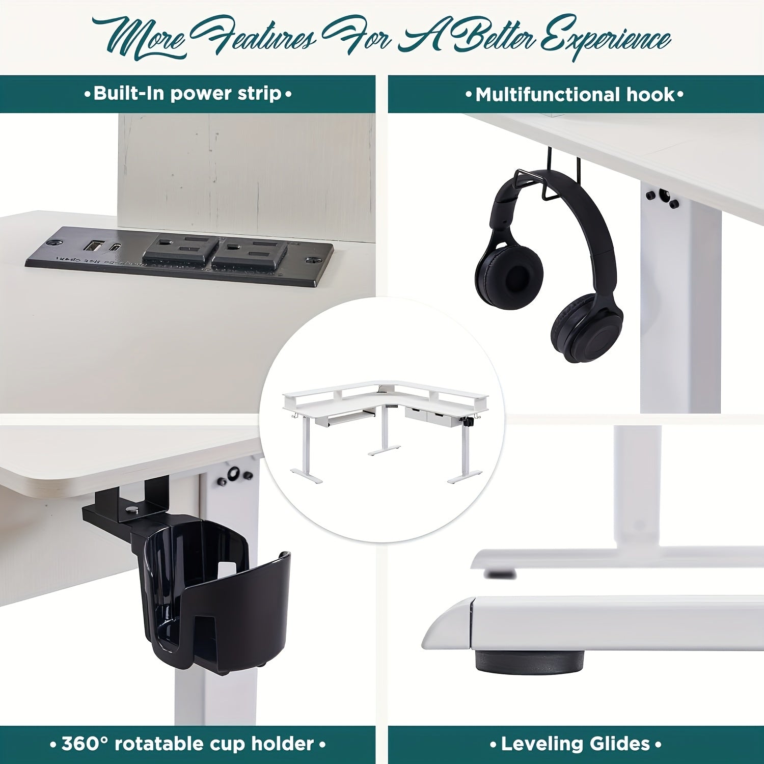 This Height-adjustable L-shaped Electric Standing Desk Measures 60 Inches, Perfect For Gaming Or Office Work. It Features Convenient Drawers, Built-in Power Outlets, LED Lighting, And A Monitor Shelf For Enhanced Functionality.